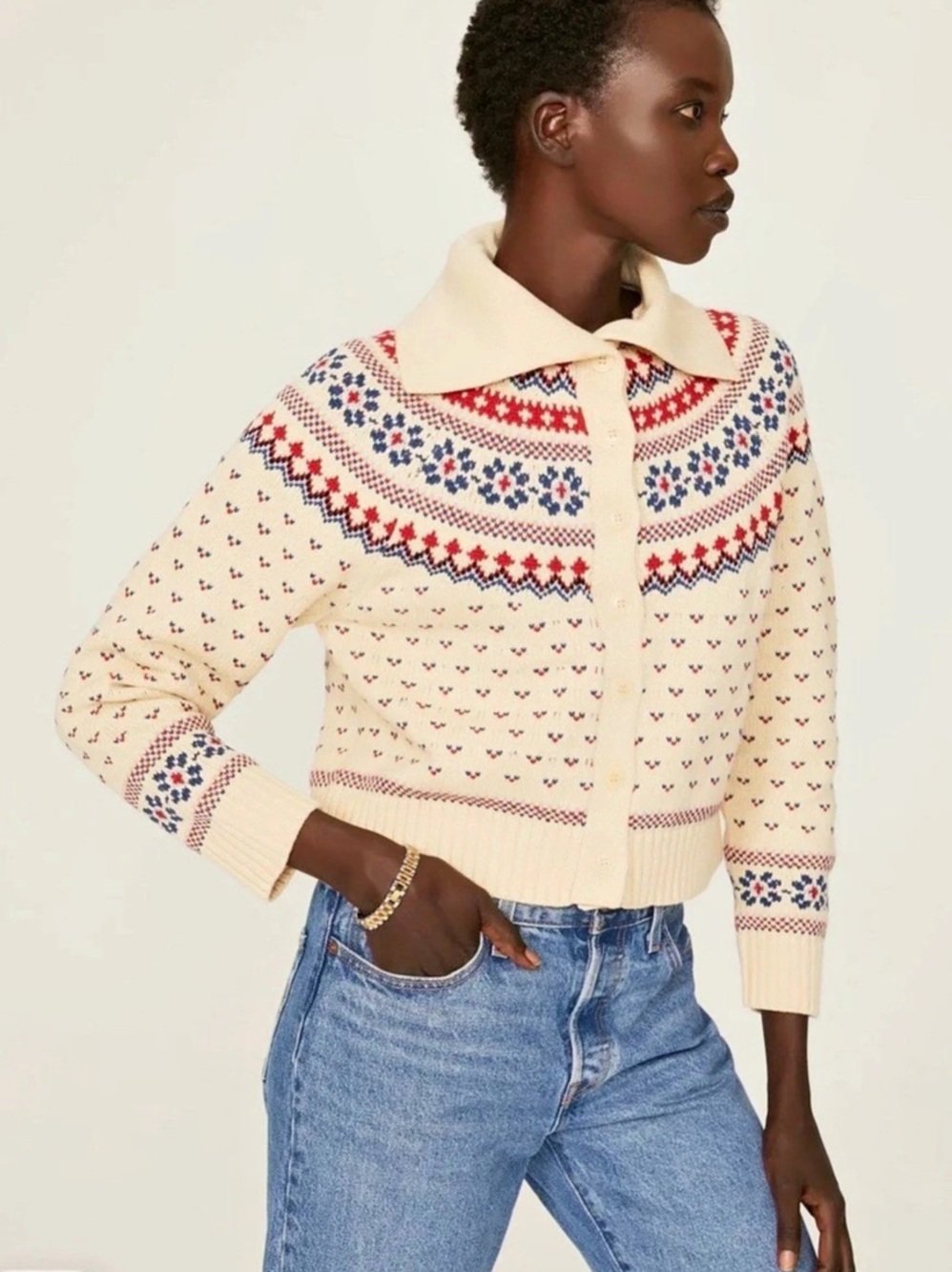 The Great. Fair Isle Cropped Cardigan in Cream - Picture 3 of 12